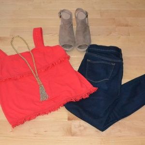 J. Crew Red Fringe Tank, Size S, EUC